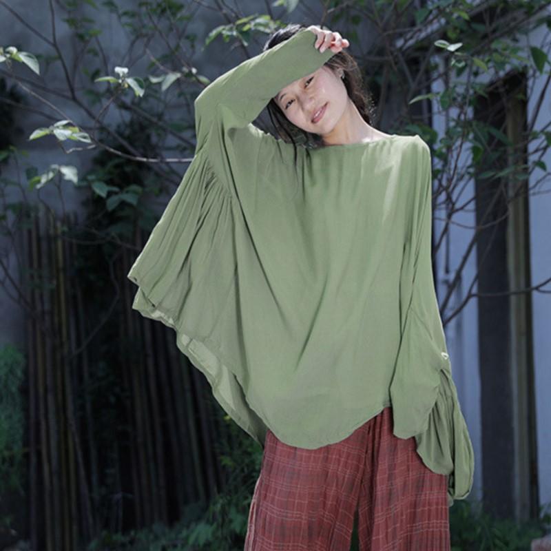 Johnature Women Irregular Vintage Summer T-Shirts O-Neck Long Sleeve Cotton Blend Solid Color Tees Soft Women T-Shirts