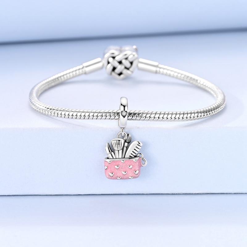 Original 925 Sterling Silver Bead Charms Heart Pink Makeup Tools Bag Pendant Fit Original Bracelet For Women DIY Jewelry Gift