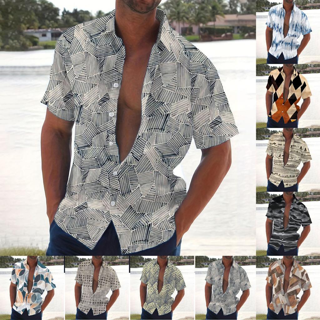 Men's Summer New Loose Print Short Sleeve Shirt Cardigan Beach Shirt