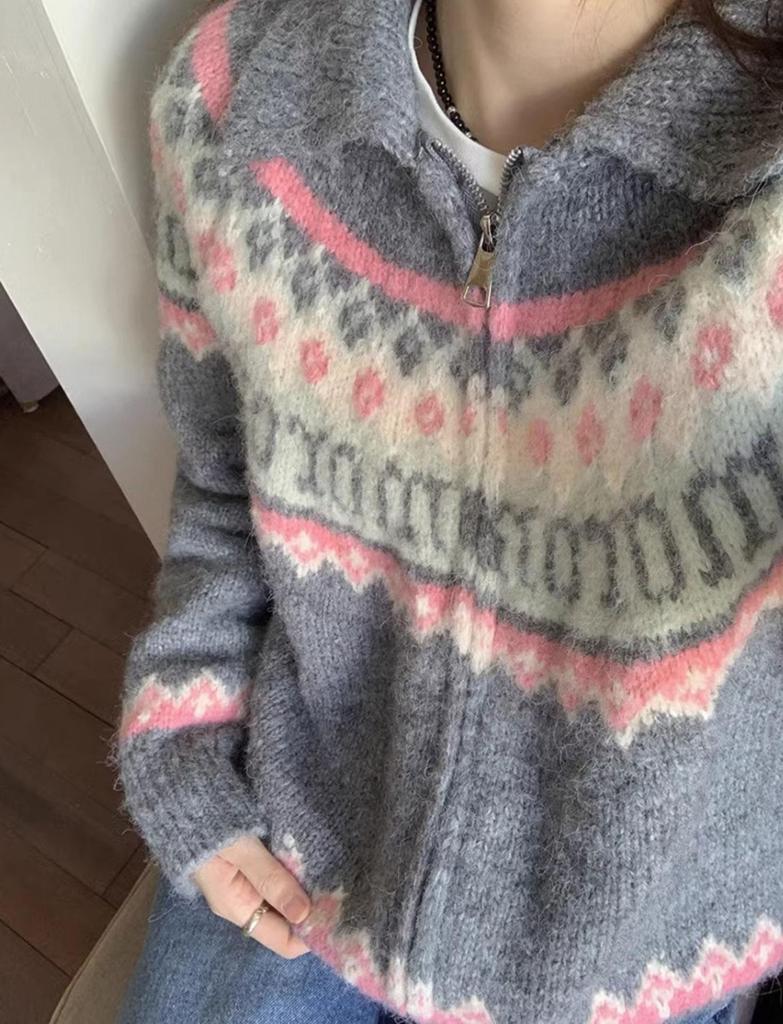 Korean Retro Fair Isle Knit Cardigan - Women's Autumn/Winter 2026 Loose Style