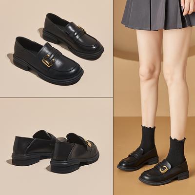 Черные ретро-лоферы в британском стиле, женские однобортные туфли, мягкая подошва, одна педаль, маленькие кожаные туфли, лоферы