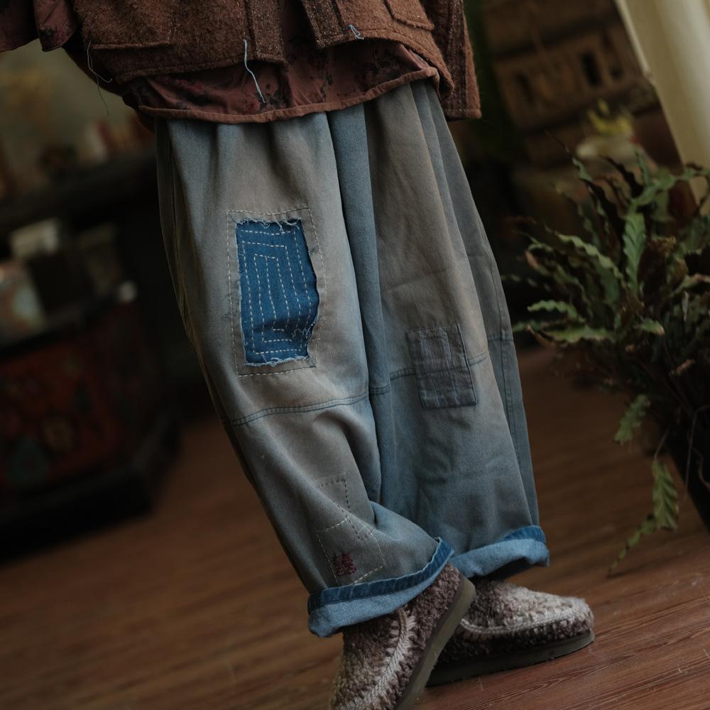 Johnature Женские винтажные пэчворк широкие брюки с эластичной талией свободные весенние брюки повседневные длинные брюки