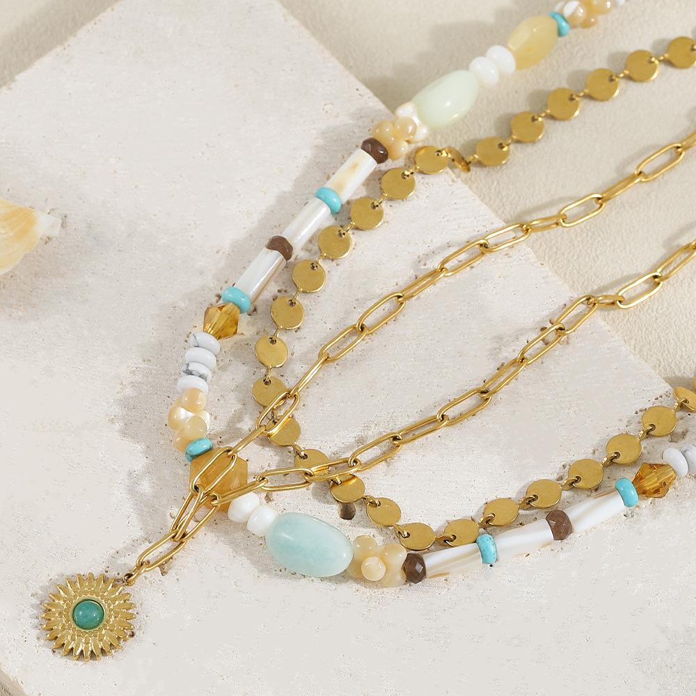 GEMCHIC Women's Bohemian Style Beaded Necklace with Natural Stone Pendant and Shell Beads, Vintage Geometric Layered Choker