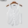 INCERUN Summer Men U Neck Sleeveless Buttons Lace Mesh Sheer Casual Tank Tops