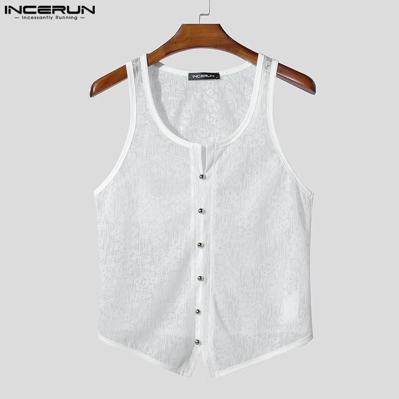 INCERUN Summer Men U Neck Sleeveless Buttons Lace Mesh Sheer Casual Tank Tops
