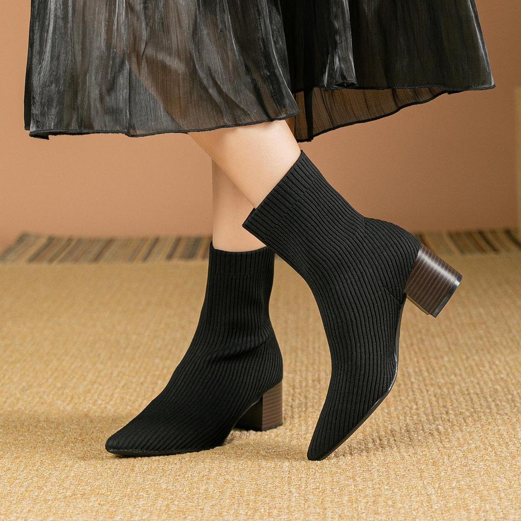 Женские вязаные зимние ботинки большого размера с острым носком, повседневные короткие, на толстой подошве, мягкие, эластичные, ботинки Martin, рыцарские туфли 34-43