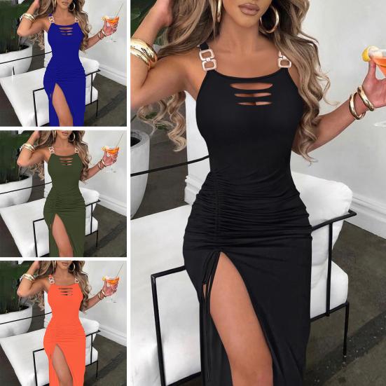 Женское платье Узкое без рукавов с открытой спиной и металлической цепочкой Декор с открытой спиной и высоким разрезом, ажурное плиссированное однотонное платье для вечеринки, клуба, отдыха, пляжа, миди