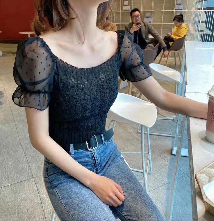 2025 Summer Women's French Square Neck Hollow-Out Puff Sleeve Knit Top
