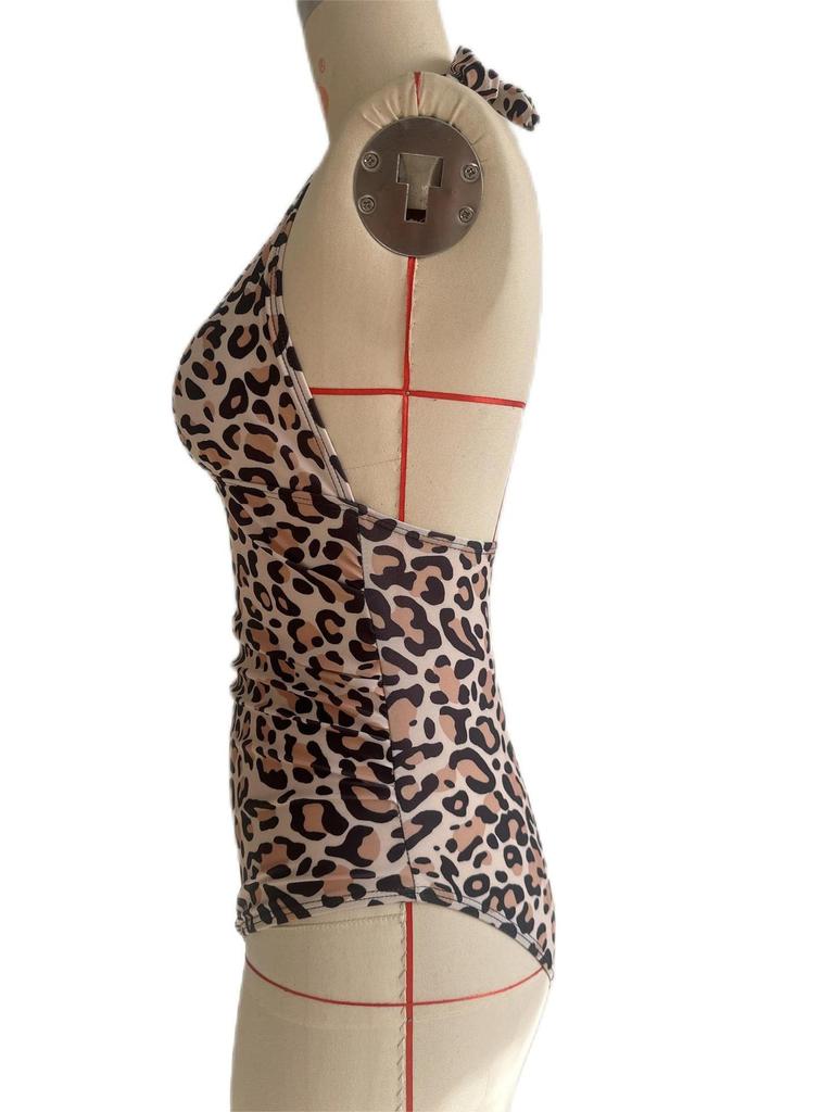 2025 Sexy Deep V European & American Print Tie-Up Halter Bikini Swimsuit