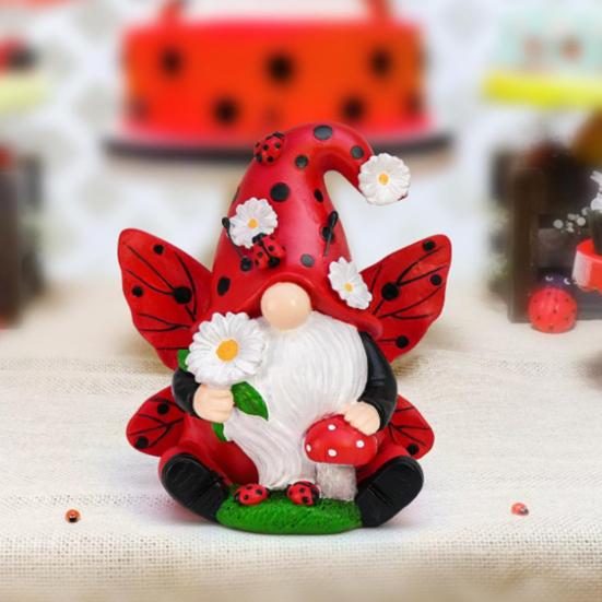 Ladybug Gnome Figurine Flower Winged Dwarf Elf Resin Statue Sculpture Indoor Outdoor Garden Home Office Desktop Decoration Ornament
