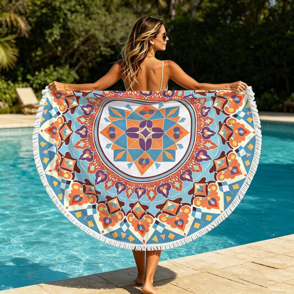 Customized Digital Printing Large Bohemian Floral Terry Microfiber Knitted Round Beach Towel for Summer Home Use