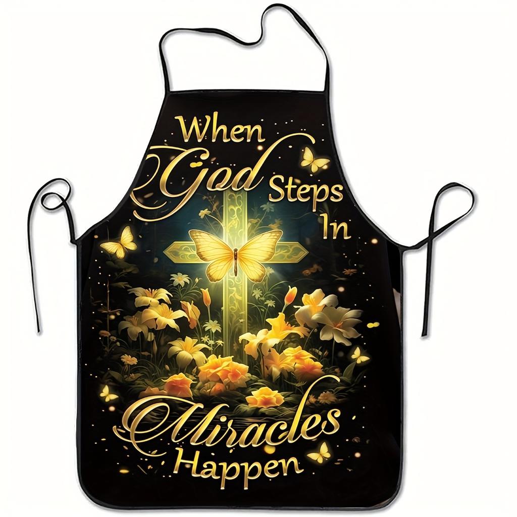 1pc "God Does This, Miracles Happen" Apron with Golden Butterfly, Floral, and Glowing Cross Patterns, Unisex Printed Apron for E