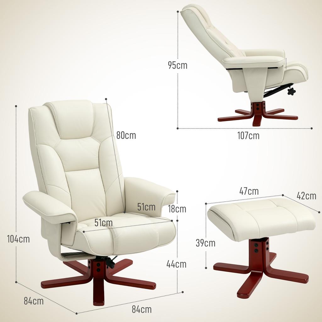 Recliner with Ottoman, Faux Leather, Reclining Backrest, Up to 150 kg, Cream White