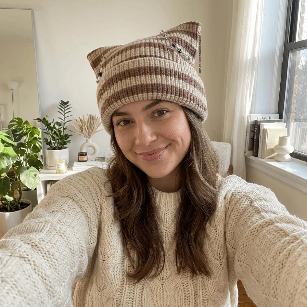 Thickened Cat Ear Beanie Polyester Warm Hat Y2K Gothic Knitted Striped Hat Winter