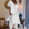 Women's Cotton Linen 2-Piece Outfit Short Sleeved Round Neck Tie Side Top And Overlay Wide Leg Pants Casual Lounge Set