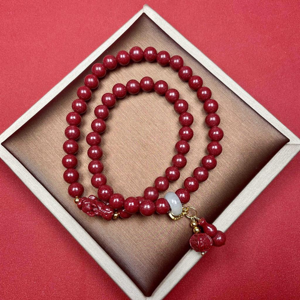 High-content purple gold sand bracelet with Pixiu, double-circle cinnabar birthstone bracelet