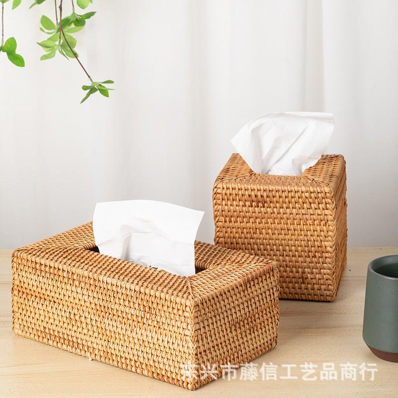 Natural Rattan Tissue Box Square Rectangle Woven Paper Towel Holder Living Room Bathroom Car Decorative Eco Friendly