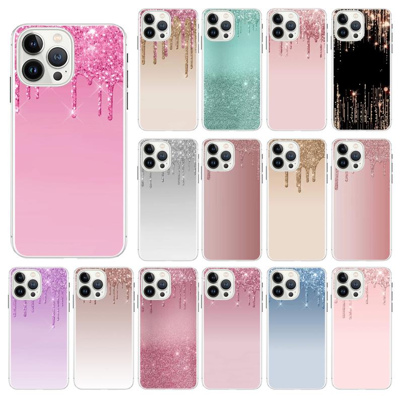 Чехлы для iPhone 14 12 11 13 Pro Max Чехол Силиконовый Funda на iPhone 13Mini X XS Max XR 8 7 14 Plus Переливающийся Блеск Розовый