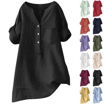 Женская модная свободная однотонная рубашка с воротником-стойкой на пуговицах и средним рукавом из хлопка и льна
