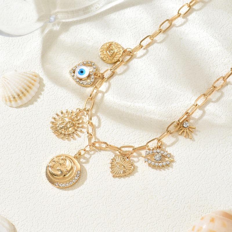 Devil's Eye Love Clavicle Chain Jewelry Vintage Embossed Star Moon Sun Flower Necklace