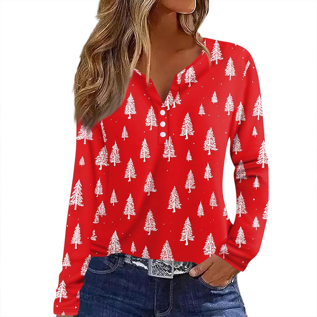 Женская футболка с рождественским принтом на пуговицах с длинным рукавом, повседневная, выходного дня, модная, базовая, с V-образным вырезом, обычная
