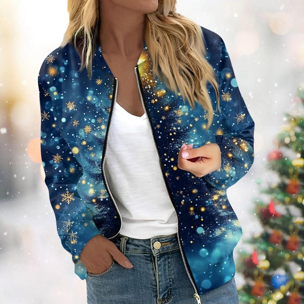 Женская легкая короткая куртка с длинными рукавами на молнии с принтом, повседневная стеганая куртка с карманами, рождественская