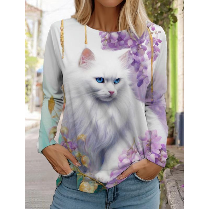 Autumn and Winter Women's Long Sleeve 3D Printed Kitten Cute Print T-Shirt Women's Streetwear Round Neck Long Sleeve