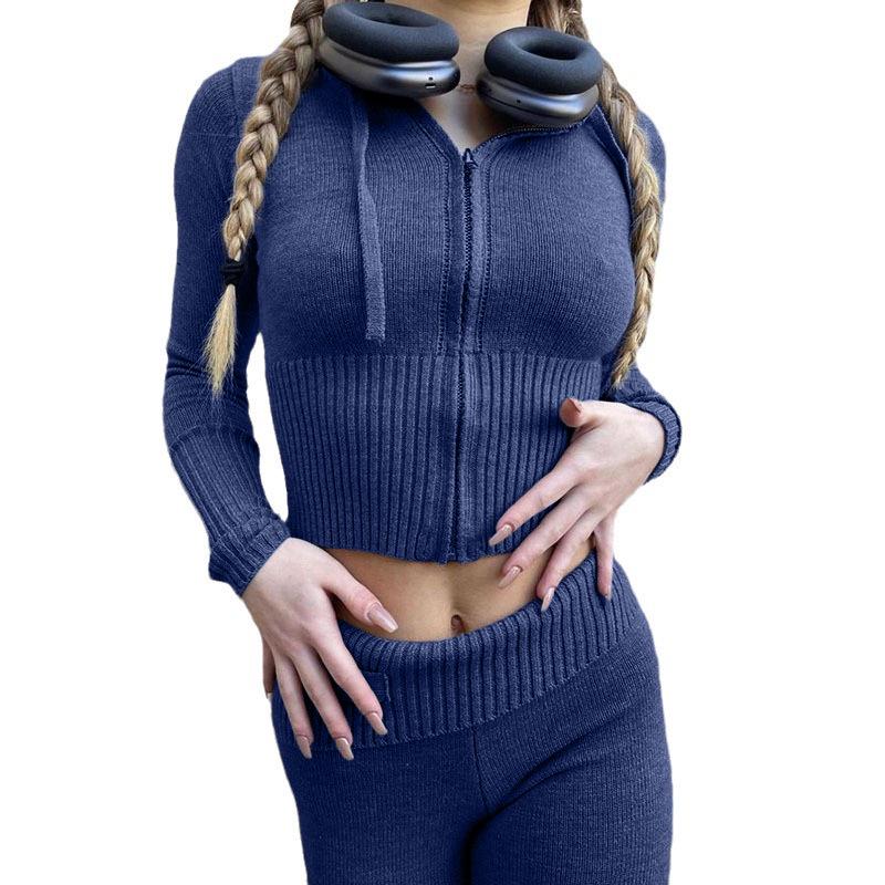 2023 Женская Мода Сексуальный Вязаный Худи с Капюшоном Комплект из Двух Предметов с Завышенной Талией