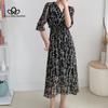 Весна-лето, новый стиль, шифоновое элегантное длинное платье с v-образным вырезом и средними рукавами, женское повседневное пляжное платье
