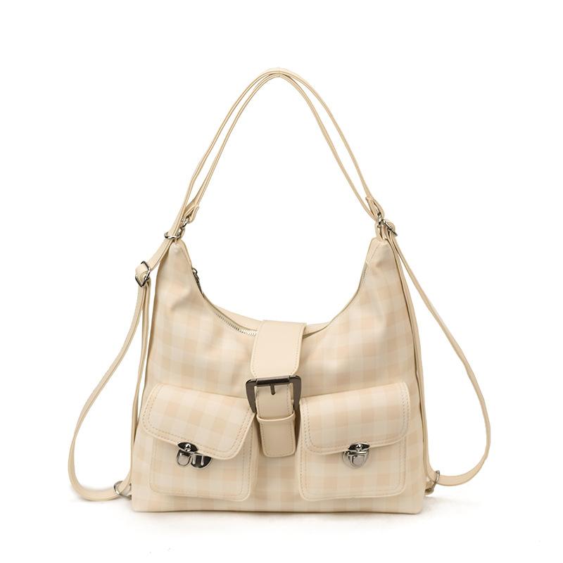 Vintage plaid tote bag large capacity locomotive style casual double shoulder shoulder bag fashion belt design underarm women's bag