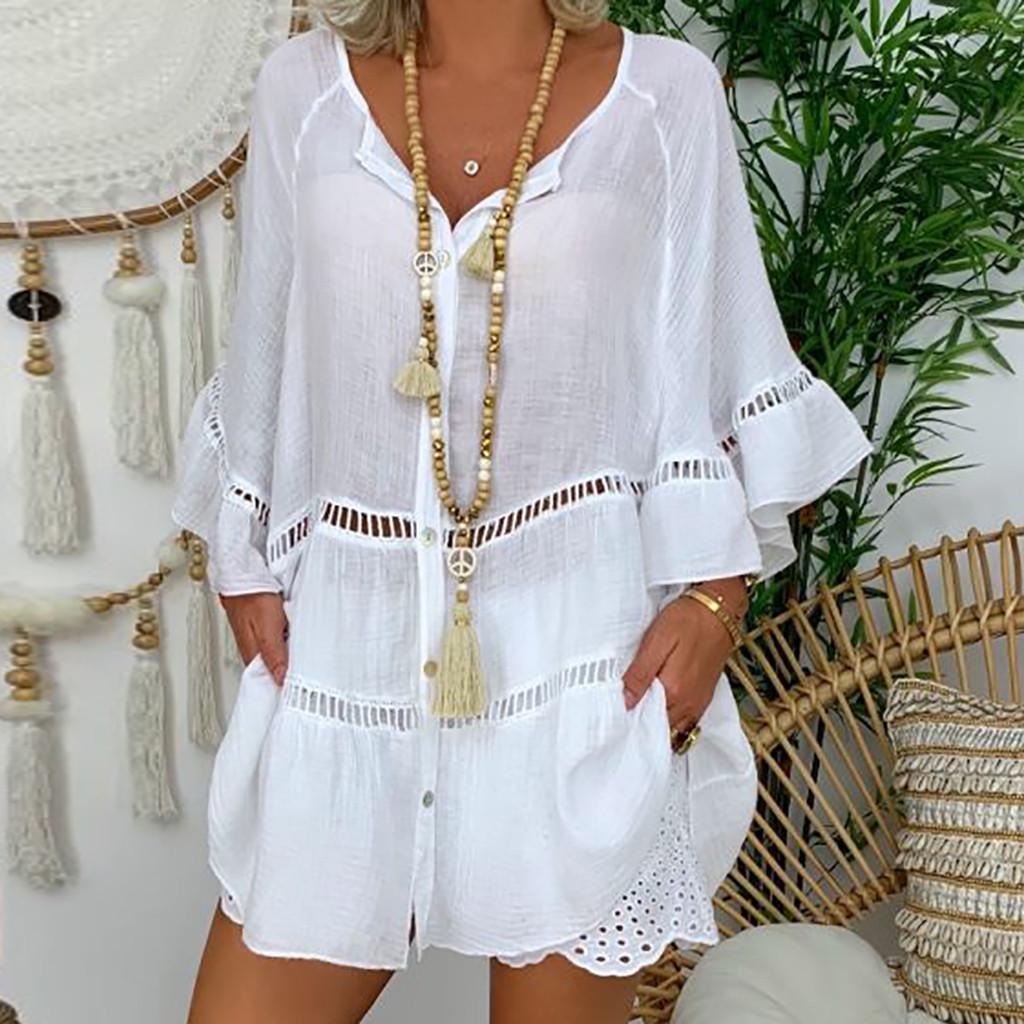 Women Flare Sleeve Cotton Shirt Oversized Hallow Out Loose Blouses Solid Color Yellow White Buttoned Ruffle Plus Size Tops