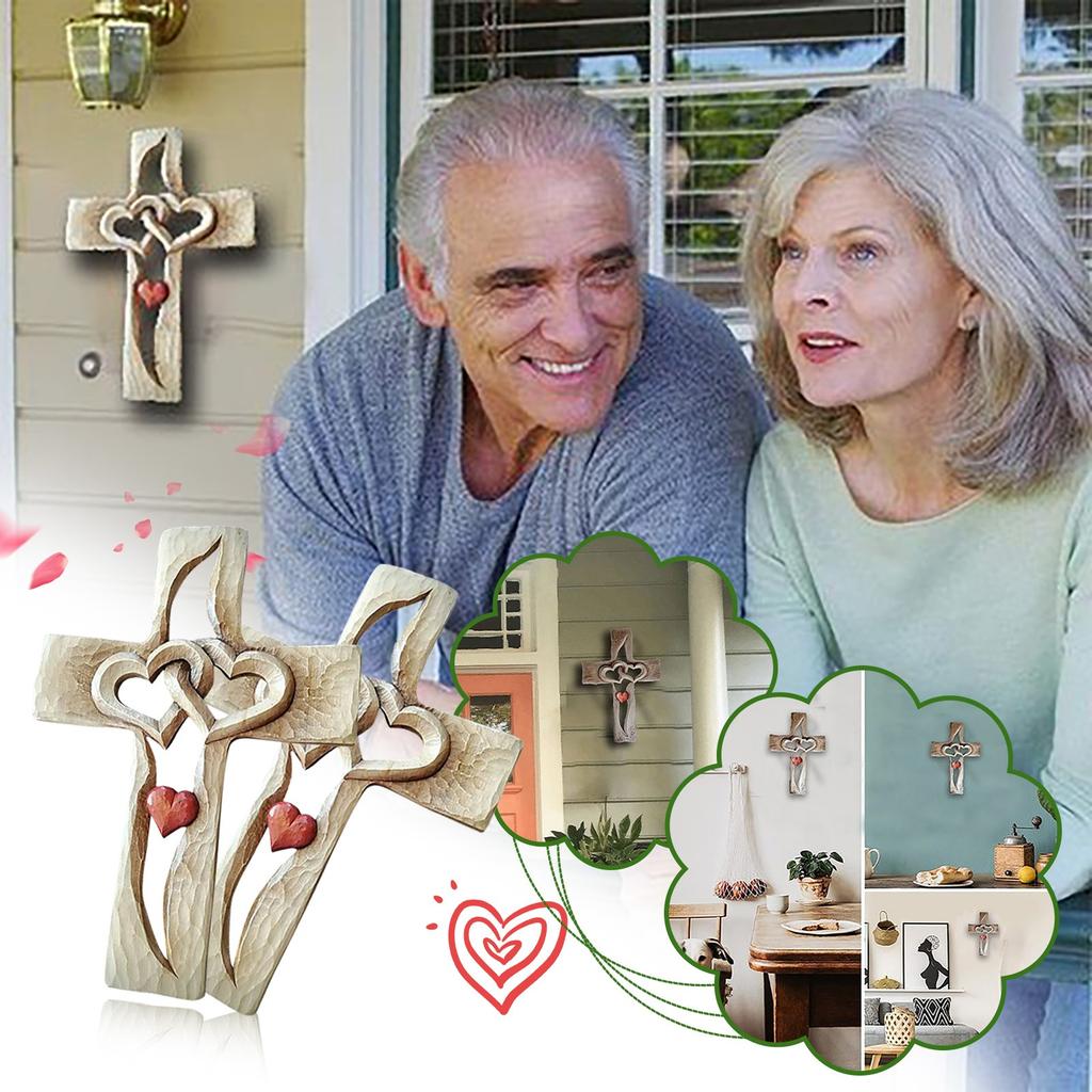 Carved Wooden Cross Intertwined Hearts Wall Hanging Hand Carved Wood Cross