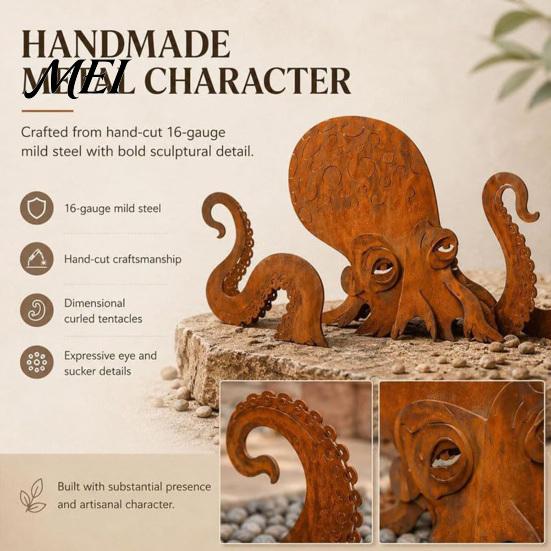 Octopus Garden Ornament Rust Patina Giant Squid Sculpture, 3D Metal Nautical Outdoor Patio Decoration Statue for Lawn Beach House Decor