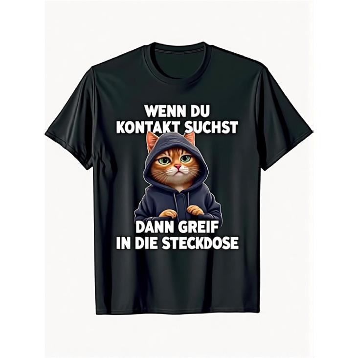 Men's Funny Cat Graphic T-Shirt, Short Sleeve Crew Neck Soft Cotton Tee with Hoodie Cat Print for Casual Wear or Gift Idea
