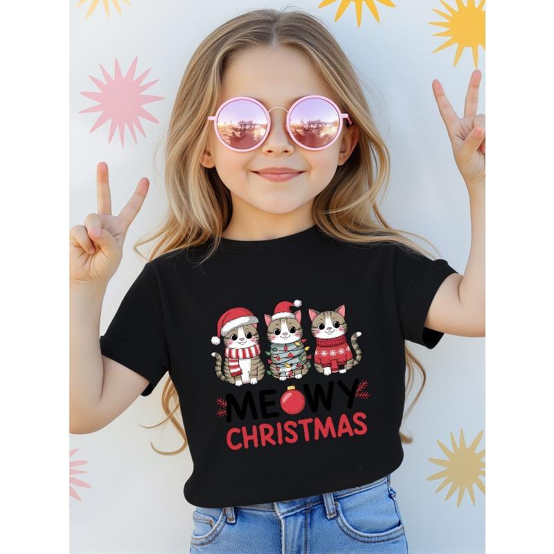 European sizes Merry Christmas Cotton Cute Cat Cartoon Print T-shirt - Casual Short Sleeve T-shirt, Fashion, Slightly Elastic, Casual Boys and Girls