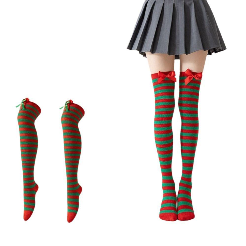 Bow Accent Over Knee Socks Sweet Santa Elf Cosplay Stocking Christmas Striped Stockings Cosplay