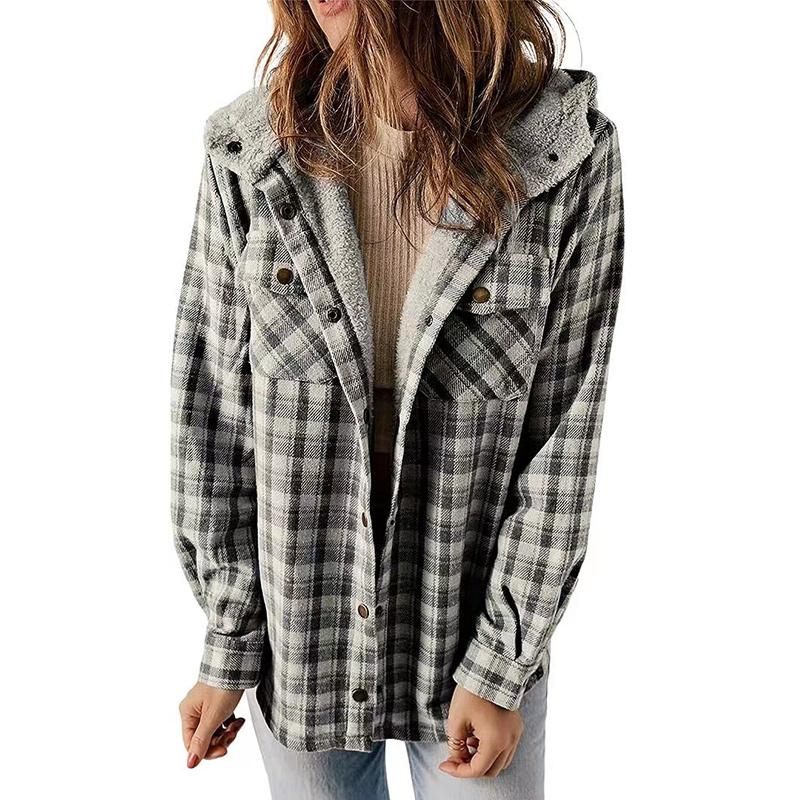 Women's Winter Casual Plaid Hooded Tweed Coat Thickened Padded Warm Jacket Lamb Wool Lining