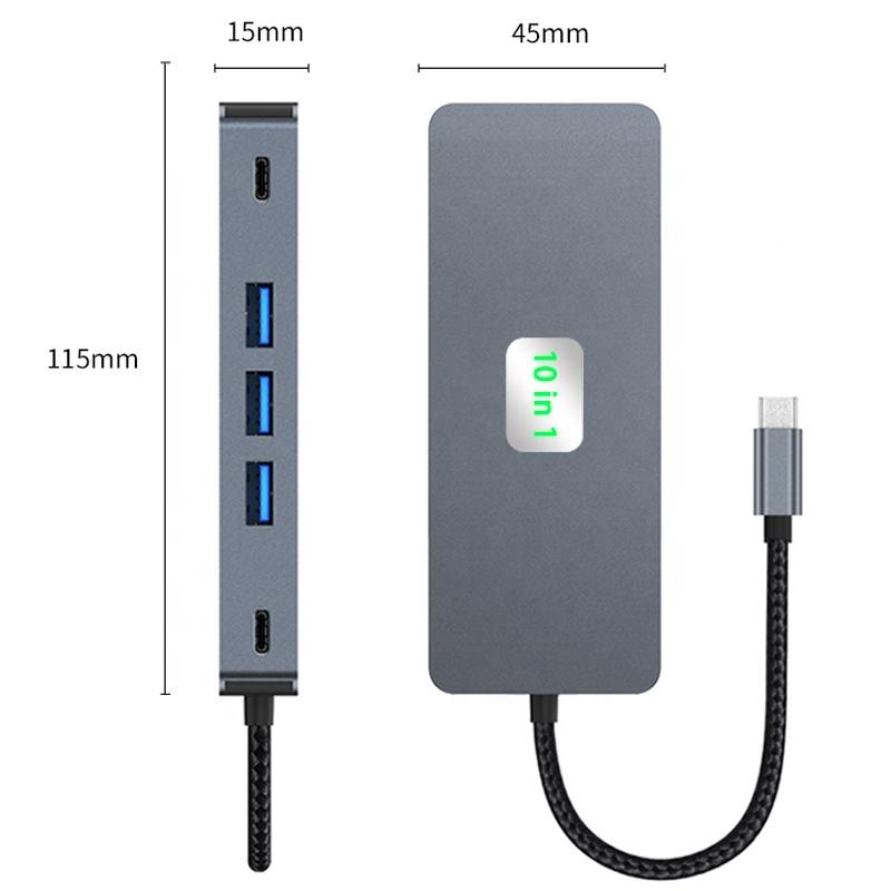 10 in 1 Dual HD 4K Hub Station Dock Type c Power Adapter PD Ethernet RJ45 1000Mbps Usb Hub