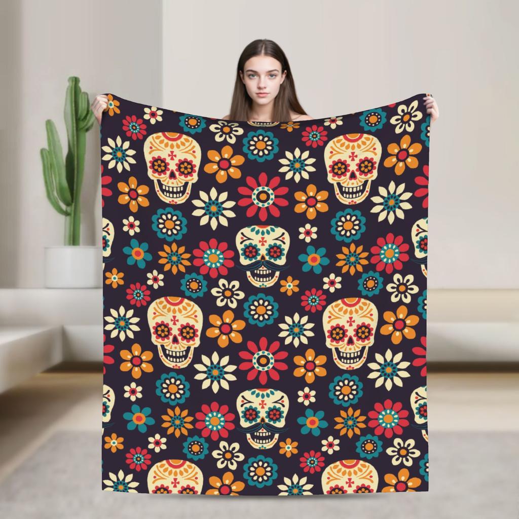 Sugar Skull Day of the Dead Blankets Gothic Mexican Skeleton Halloween Flannel Funny Warm Throw Blankets for Home Spring/Autumn