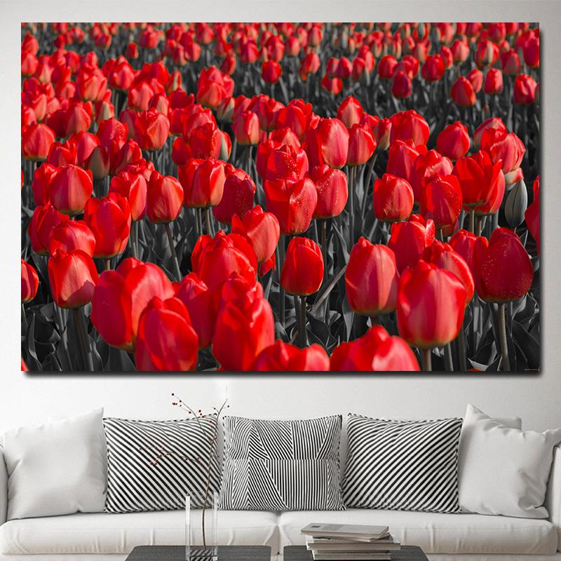 Красные поля тюльпанов, настенные картины, холст, живопись, цветочные полевые постеры и принты, цветочный пейзаж, настенное искусство для декора гостиной