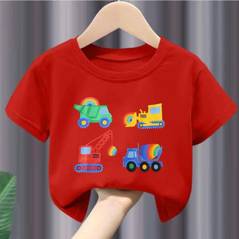 New Boys Tshirt Europeanstyle Childrens Engineering Car Printed Sweatshirt with Short Sleeves Soft polyester fabric summer