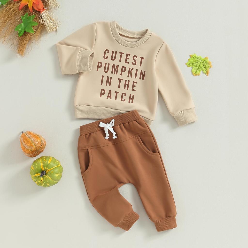 Одежда для Хэллоуина для новорожденных, комплект из 2 предметов: толстовка с длинными рукавами и эластичными штанами с буквенным принтом для младенцев