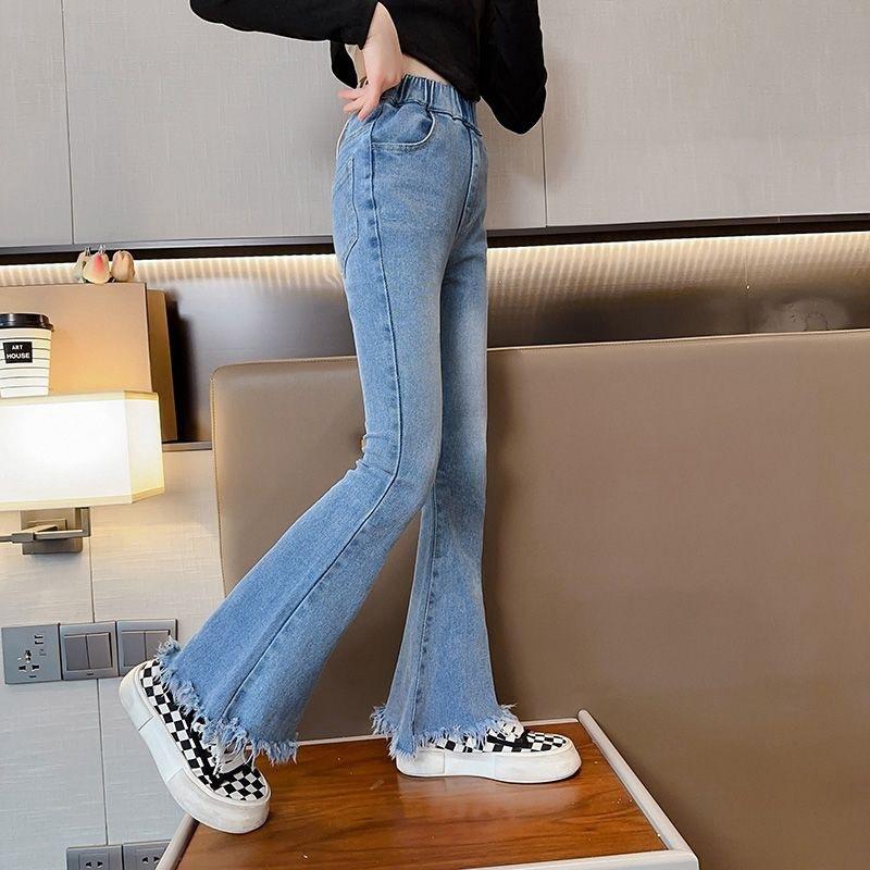 Брюки для девочек, Весна и осень, Большие девочки, Самосовершенствование, Стиль вестерн, Модные детские расклешенные джинсовые брюки