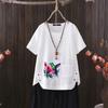 2025 Summer Bird Print V-neck Cotton Hemp Women's T-shirt - Perfect for Everyday Style
