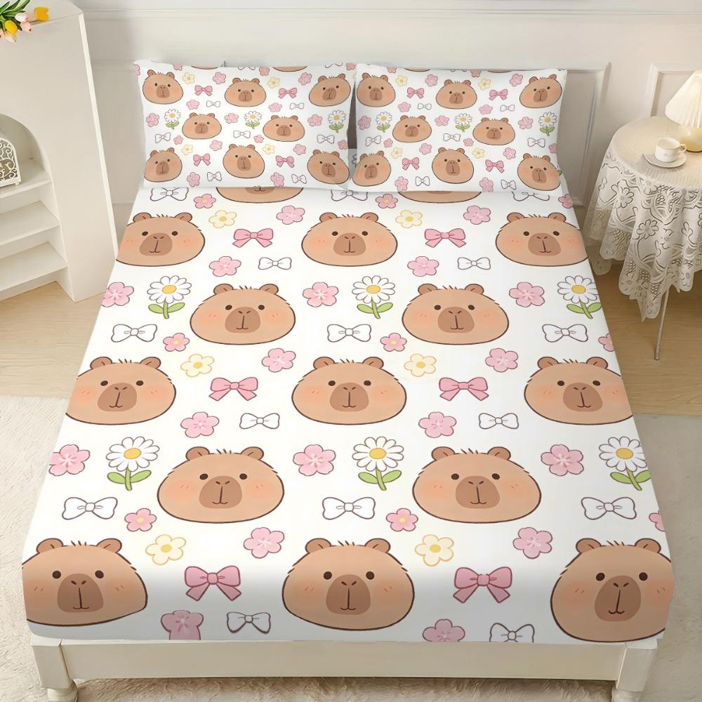 Cute Capybara Microfiber Fitted Sheet Set With Pillowcase For Twin Full Queen Bed Boys Girls Gift