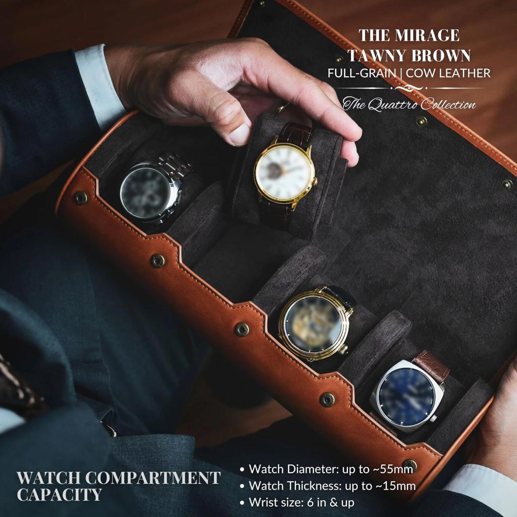 4 Slot Watch Travel Case for Men – PU Leather Watch Roll Case Storage for Travel - Watch Organizer for Men & Women