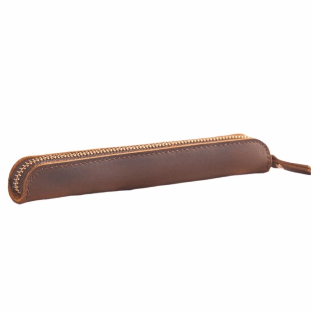 Cowhide Leather Mini Pen Pouch Zipper Electronic Writing Pen Protective Organizer