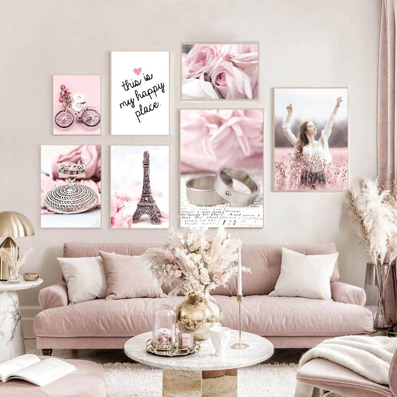 Скандинавский розовый цветок Парижская башня Роза девушка кольцо велосипед плакат и принты настенная живопись на холсте настенная картина для декора гостиной