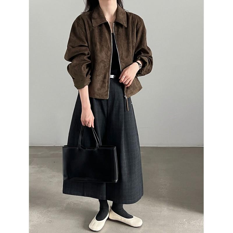 Womens Vintage Suede Jacket Short Casual Blazer Fall '' Korean Japanese Style Zip Front