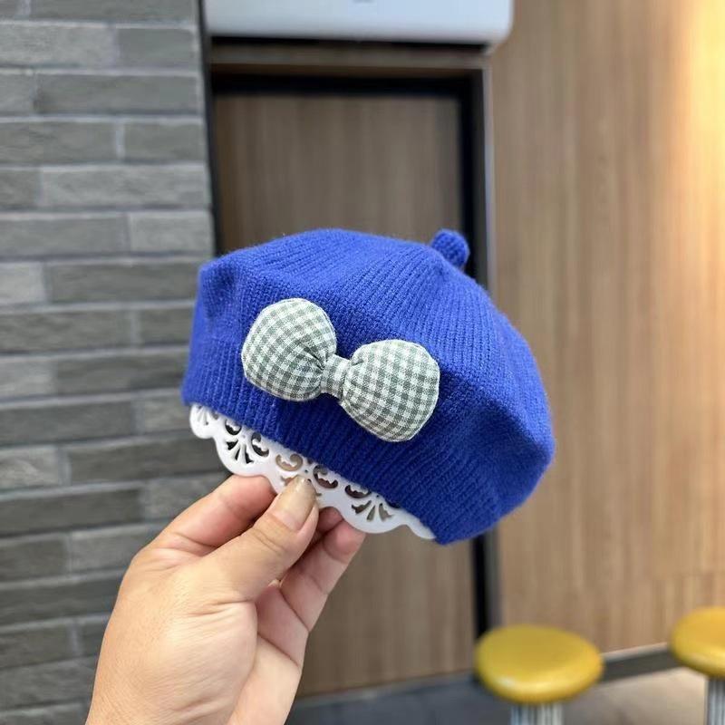 Fashion Cute Baby Hat Solid Color Bow Warm Beret Hat For Girls Vintage Princess Beret Hat Children Autumn Winter Cap Gifts